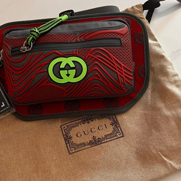 Gucci Red and Gray Crossbody Bag with Neon Green Accents - Picture 12 of 15